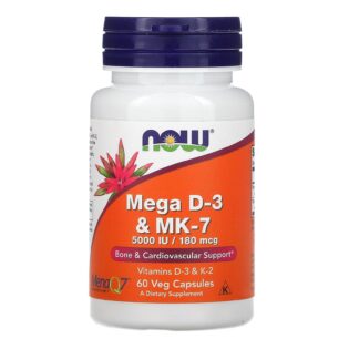 NOW Foods – Vitamina D3 Mega D3 & MK-7 5000iu / 180mcg 60 Cápsulas Vegetales Vitamina d3 y k2